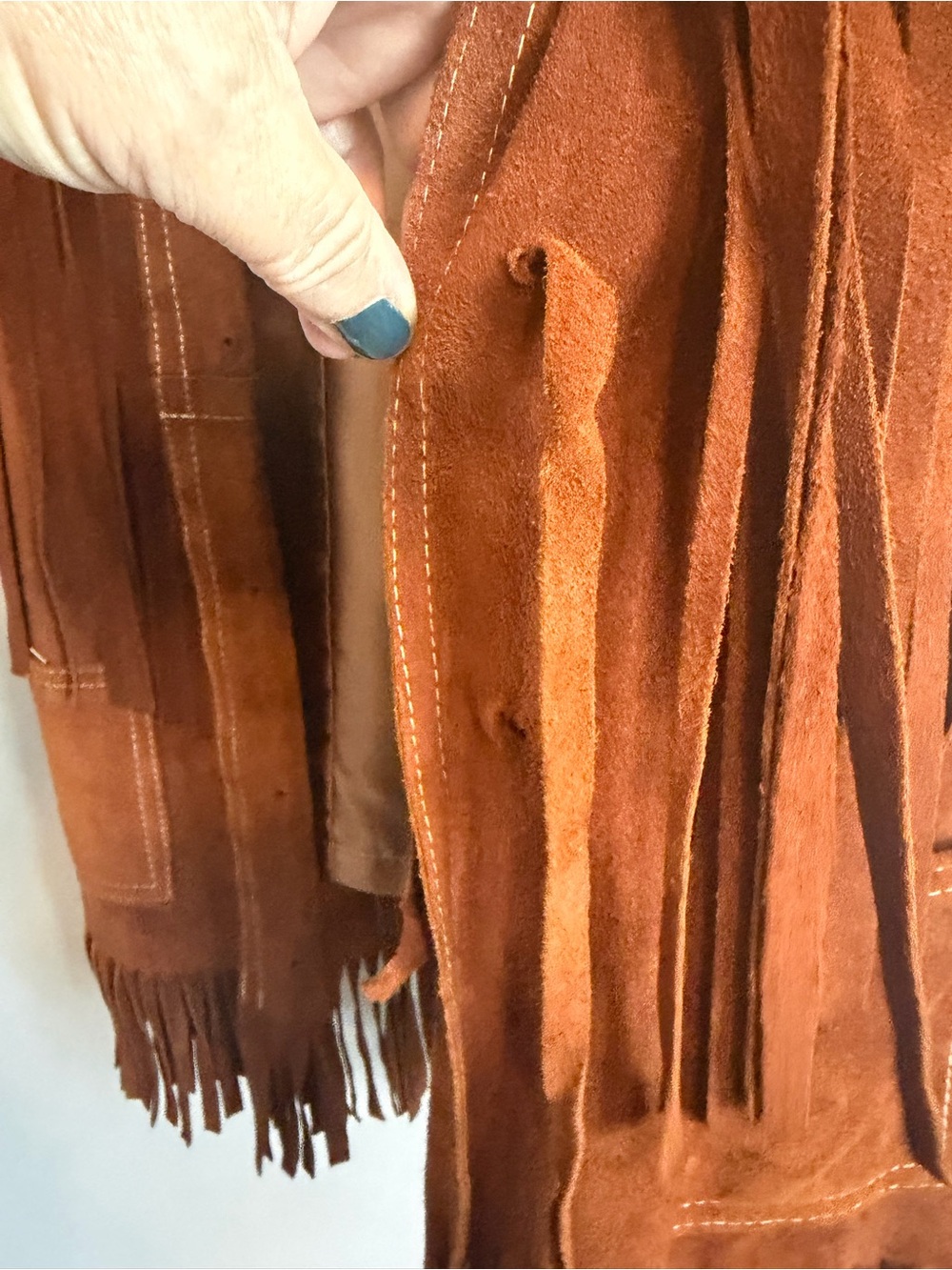 Vintage 70s Suede Leather Fringe Vest Mini Skirt Set Rust Brown XS S - Picture 9 of 13
